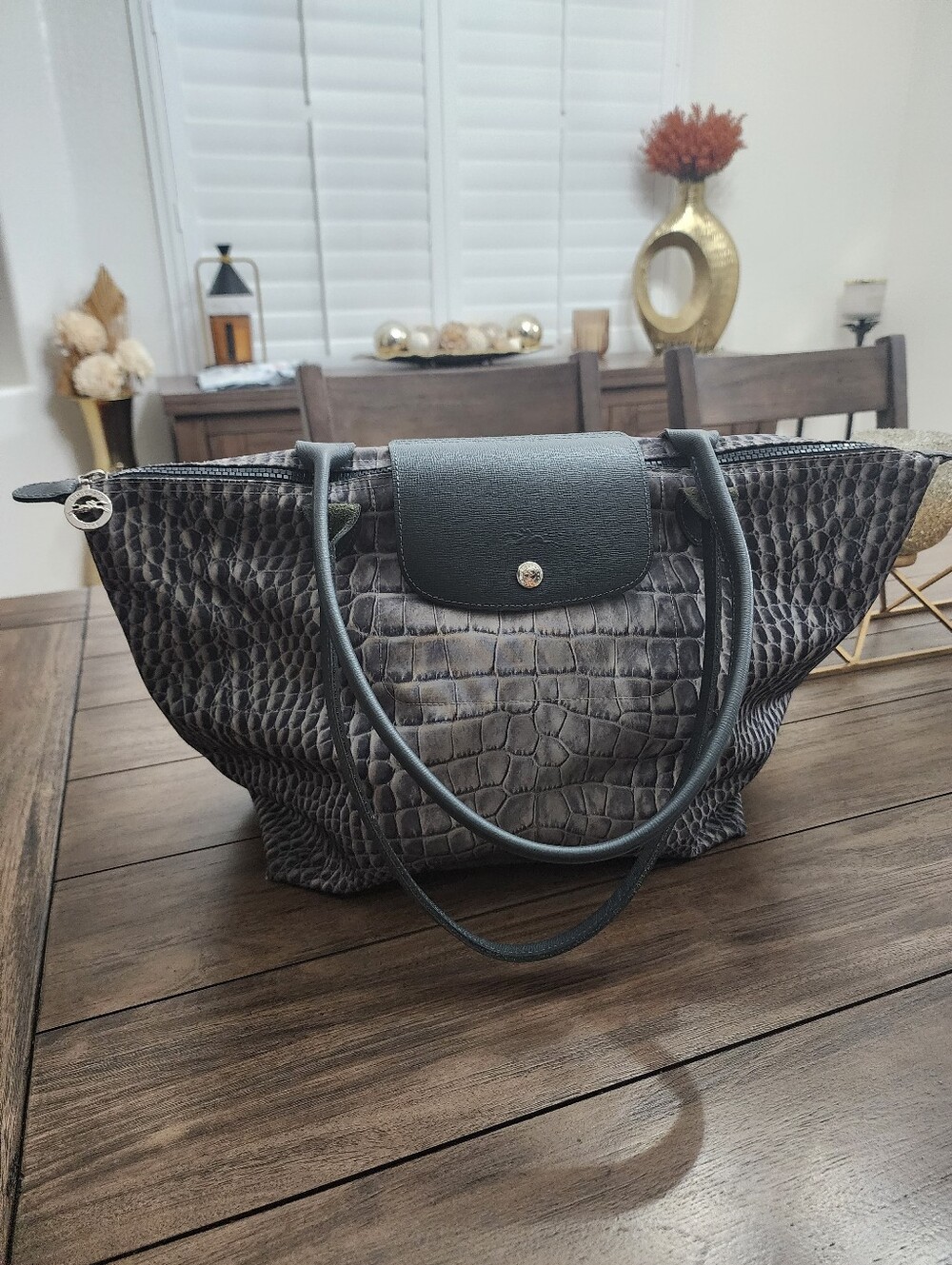 Longchamp Croc-Embossed Nylon Tote Bag in Dark Gray With Grey Leather Handles